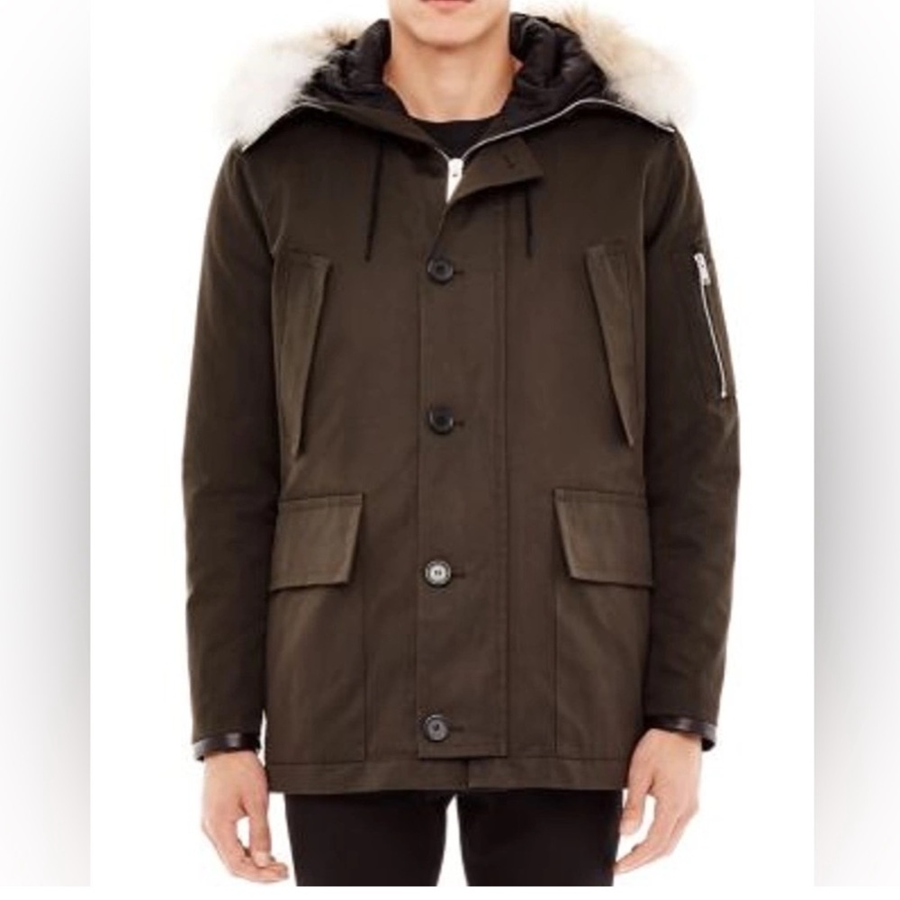 MEN’S KHAKI GREEN WINTER PARKA POLAR COAT W/ LEATHER TRIM & COYOTE FUR HOOD